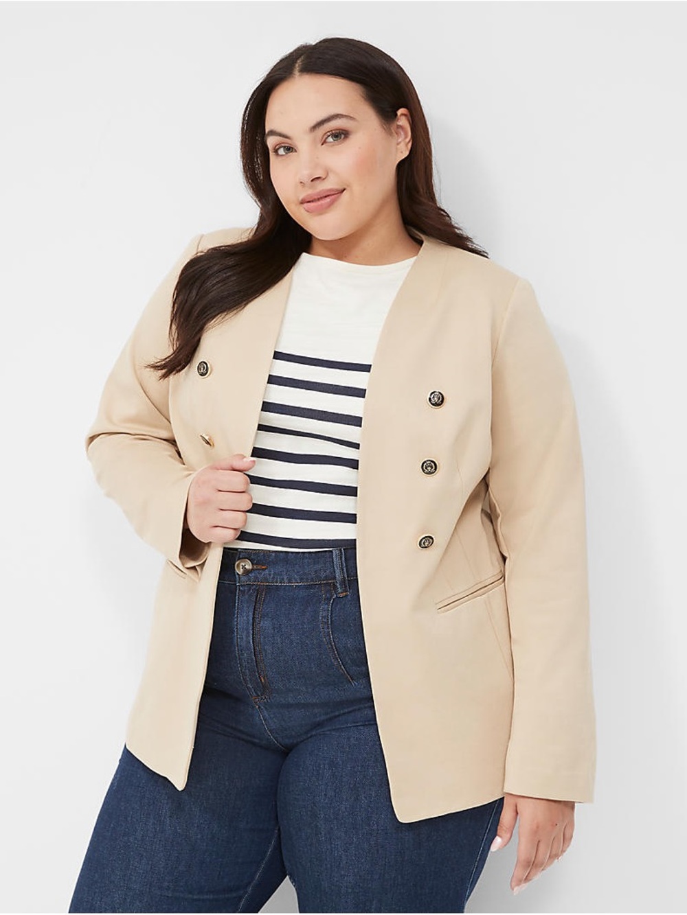 Lane Bryant Beige Double-Breasted Blazer with Gold Buttons